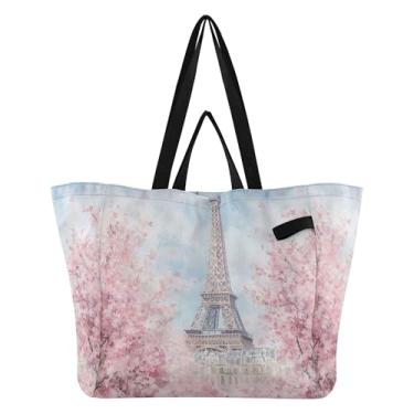 Imagem de SEHANY Sacola de compras reutilizável da Torre Eiffel de Paris com alças reforçadas, bolsa de compras de lona dobrável à prova d'água de grande capacidade para viagem, cozinha, praia