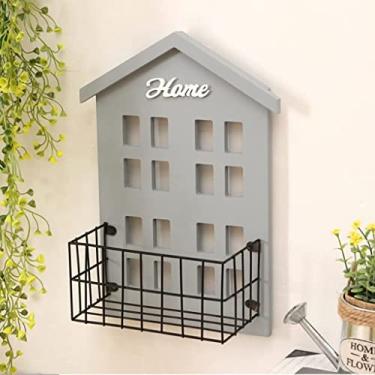 Imagem de Prateleira flutuante de parede em forma de casa de madeira, prateleiras de exibição de armazenamento rústico, decoração de casa, sala de estar, escritório, quarto (cor: amarelo) (cinza)
