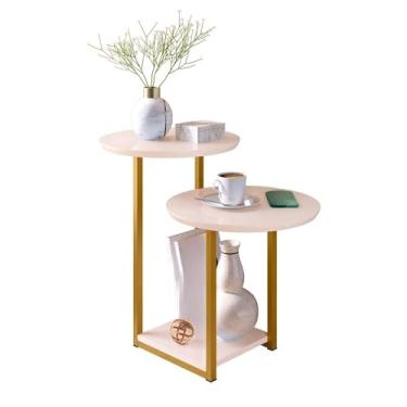 Imagem de Mesa de Apoio Lateral para Sala e Sofá - 2 Tampos com Pés de Ferro Industrial, Decoração Prática e Estilizada para Ambientes Domésticos (LUISA - OFF WHITE DOURADO)