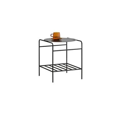 Imagem de Mesa lateral de armazenamento de 2 camadas, sala de estar, sofá, lateral redonda, pequena mesa de centro, mesa de cabeceira, decoração de casa, mini mesa de canto de metal (cor: branco) (preto)
