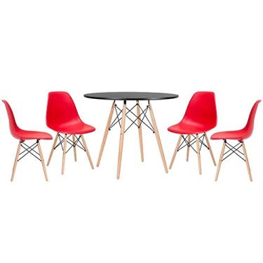 Imagem de Loft7, Kit - Mesa redonda Eames 90 cm preto + 4 cadeiras Eiffel Dsw Vermelho