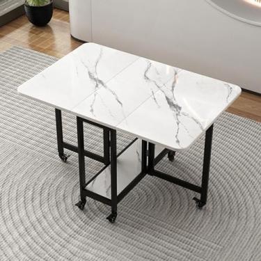 Imagem de Mesa dobrável para sala de jantar para 6 a 8 pessoas, mesa moderna de transfomer dobrável para cozinha grande com rack e 6 rodas, para economia de espaço pequeno