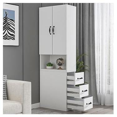 Imagem de Estante estreita com gavetas, prateleira lateral de madeira maciça para espaços apertados, ideal para sofá de canto de estudo (cor: 60 x 28 x 180 cm teca + porta de vidro) (60 x 28 x 180 cm branco +