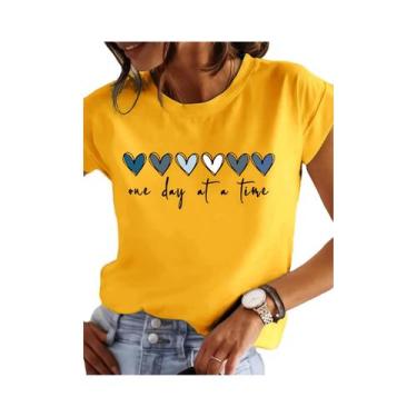 Imagem de Camiseta Casual Feminina Com Estampa De Coração, Manga Curta, Decote R
