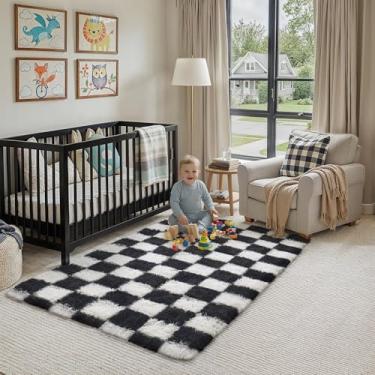 Imagem de PureCozy Tapete xadrez 10 x 15 cm para sala de estar, preto e branco moderno tapete felpudo super macio lavável tapete felpudo para quarto, casa, dormitório, decoração estética