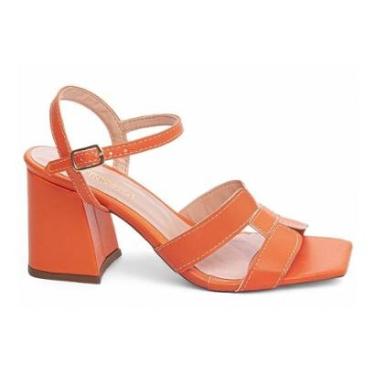 Imagem de Sandália Feminina Salto Grosso Méido Alto 7cm Verão Napa e Solado Antiderrapante Laranja-Feminino