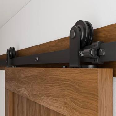 Imagem de CCJH Kit de ferragens para porta de celeiro deslizante de 1,4 m, resistente, suave e silencioso, fácil de instalar, cabe no painel de porta única de 61 cm de largura, estilo em T preto