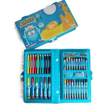Imagem de Kit 2 Maletas Escolares de Pintura Infantil com 48 Peças, Azul, Inclui Canetinhas, Lápis de Cor, Giz de Cera, Cola e Acessórios, 24x14 cm