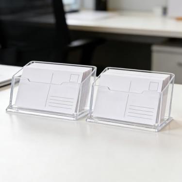 Imagem de 2 porta-cartões de visita, porta-cartões de visita de plástico transparente de acrílico, suporte de exibição de cartões de visita transparente para mesa, material de escritório doméstico