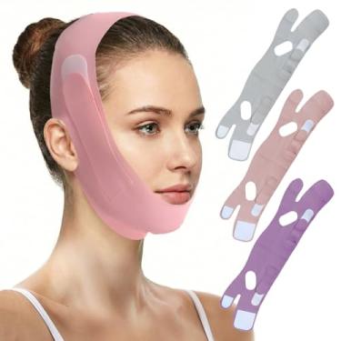 Imagem de Máscara facial reutilizável para levantamento de linha V com alça de queixo, exercitador de mandíbula em forma de V para pele flácida lavável cinto tonificante facial (Roxo)