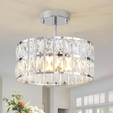 Imagem de Lustres de cristal modernos cromados semi embutida luminária de teto pequena redonda cristal pendurado luminárias para sala de jantar entrada cozinha corredor