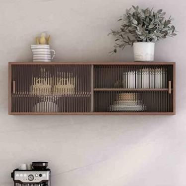 Imagem de Aparador de cozinha montado na parede de madeira maciça - Armário de armazenamento independente com 2 portas de vidro deslizantes para garrafas, pratos e tigelas - Armário de jantar com prateleiras