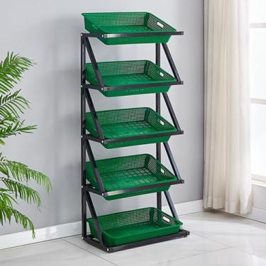 Imagem de Prateleiras de vegetais de supermercado de 4 a 5 níveis, rack de exibição de frutas e lanches resistentes, organizador de grande capacidade para loja de conveniência e cozinha, ideal para cebolas e