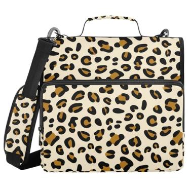 Imagem de SEHANY Fichário de zíper com estampa de leopardo com alça de ombro, capacidade para 500 folhas, vários bolsos, fichário com 3 anéis com zíper de 3 cm
