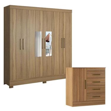 Imagem de Cômoda Montevidéu E Guarda Roupa Casal Prático Amêndola Touch Com Espelho - Demóbile