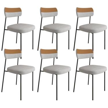 Imagem de Kit 06 Cadeiras Estofadas Sala F01 Linho Cinza Caramelo
