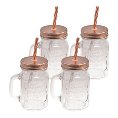 Imagem de Kit 4 Copos Canecas Vidro Grosso Retrô Vintage Com Tampa e Canudo 500m