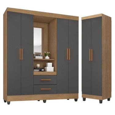 Imagem de Guarda Roupa Casal Capela Com Armário Multiuso Lite Nature Cinza - Móveis Leão 