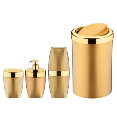 Imagem de Kit Lixeira 8L Basculante Dispenser Sabonete Porta Escova Dente Algodã