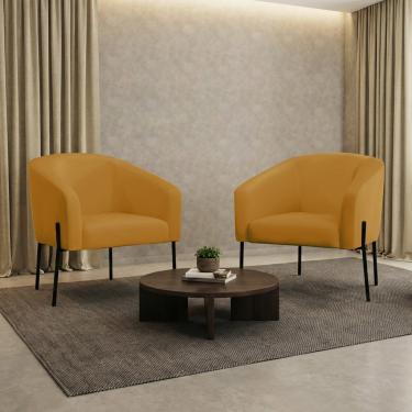 Imagem de Poltrona Sala Decorativa Kit 2 Stella Pé de Aço Preto Veludo Mostarda D03 - D'Rossi