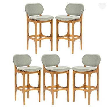 Imagem de Kit 5 Banquetas Alta Estofada Rafine Madeira Maciça Castanho Linho Verde