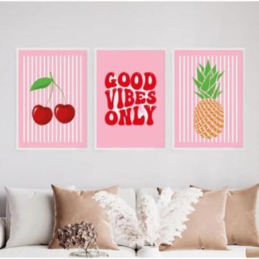Imagem de Kit 3 Quadros Cereja Abacaxi Good Vibes 24X18Cm Vidro Branca