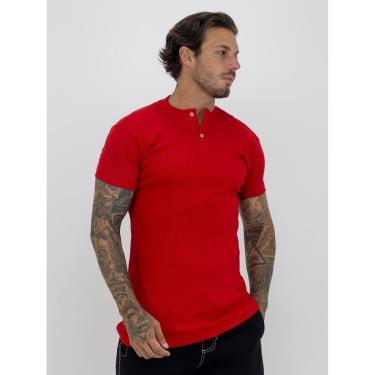 Imagem de Camiseta Slim Canelada Com Botão Lisa Estilo Americano Streetwear Justa ao Corpo Ribana Vermelho-Masculino