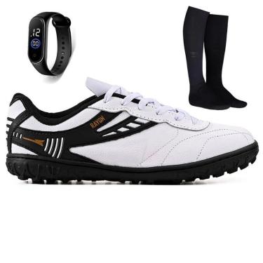 Imagem de Kit Chuteira Futebol Society Couro Campo Grama Sintetica + Meião + Relogio Adulto-Unissex