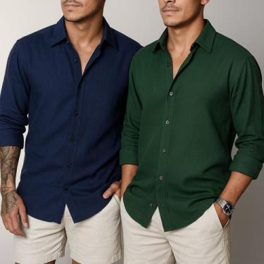 Imagem de Kit 2 Camisa de Linho Manga Longa Masculina Social Confortável Casual 