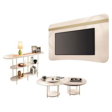 Imagem de Painel Suspenso Off White Champanhe Com Kit Mesa De CentroE AparadorOff White-Hb Móveis