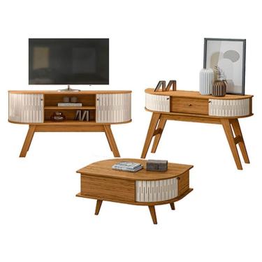 Imagem de Rack Bancada Atlanta e Aparador Estoril com Mesa de Centro Indianápolis Naturale Off White – Madetec