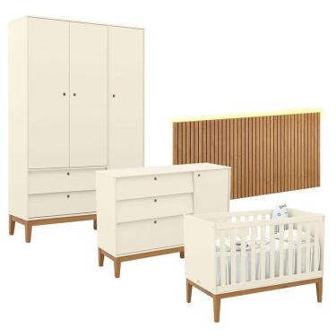 Imagem de Quarto de Bebê Unique 3 Portas com Cômoda Sapateira e Painel Ripado em MDF 136cm Off White Matic