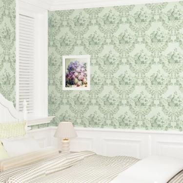 Imagem de EPPKILY Papel de parede floral verde descasque e cole papel de parede floral vintage para quarto, sala de estar, papel de contato de flores vitorianas autoadesivo à prova d'água para forro de armários