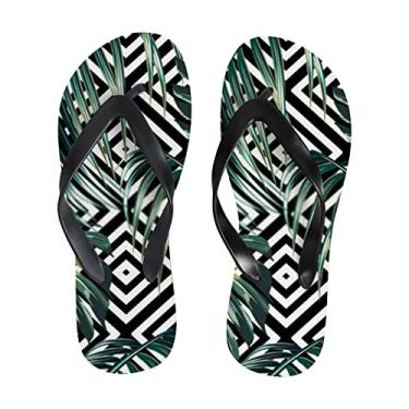 Imagem de Chinelo feminino com palmeiras tropicais listradas geométricas finas sandálias de praia para homens sandálias de verão estilo chinelos de viagem, Multicor, 8-9 Narrow Women/6.5-7 Narrow Men