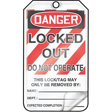 Imagem de Accuform MLT407LTP HS-Laminate Lockout Tag, Legenda: "Danger Locked Out Do NOT Operate", 14,5 cm de comprimento x 8,25 cm de largura x 0,12 cm de espessura, vermelho/preto sobre branco (pacote com 25)