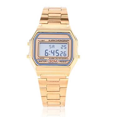 Imagem de FILFEEL Relógios masculinos, relógio de pulso retangular com luz traseira de LED digital com pulseira de aço inoxidável (ouro)