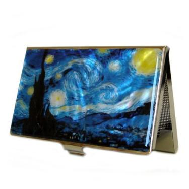 Imagem de Mother of Pearl Starry Night by Van Gogh Art Painting Design Business Credit Name Card Holder Case Metal Stainless Steel Engraved Slim Purse Pocket Cash Money Wallet