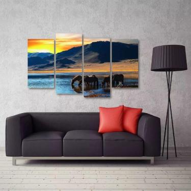 Imagem de Quadro Decorativo Paisagem Cavalo Montanha Em Tecido 4 Peças