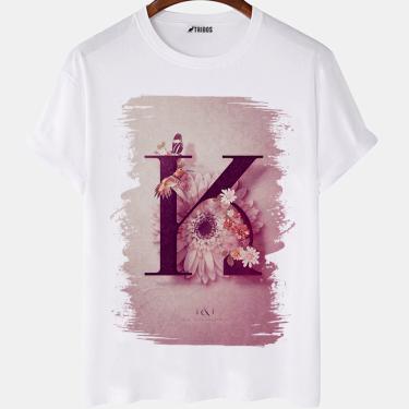 Imagem de Camiseta masculina Letra K Floral Letra Inicial Nome Camisa Blusa Branca Estampada