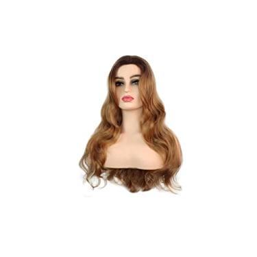 Imagem de Peruca Longa Ondulada Ouro Linho Branco Cinza Claro Rosa Peruca Feminina Sintética Encaracolada Parte do Meio Fibra Resistente ao Calor Adequado para uso em festas diárias (Ouro misturado 22 polegadas)