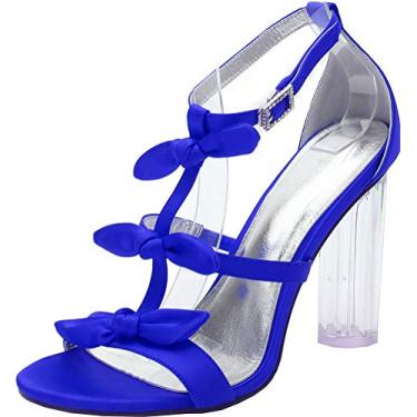 Imagem de Sandálias femininas com laço transparente verão salto grosso aberto para festa trabalho T-bar sapatos de casamento, Azul, 8