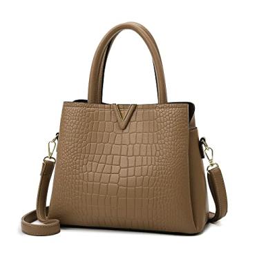 Imagem de Bolsa de mão feminina clássica de couro com estampa de crocodilo bolsa de ombro de grande capacidade, Caqui, Large