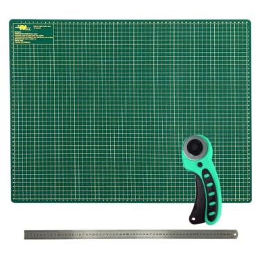 Imagem de kit Base Apoio Mesa de Corte Grande 90x60 Cortador Circular 45mm Azul Tiffany Régua inox 60cm (Placa de Corte Grande Verde)