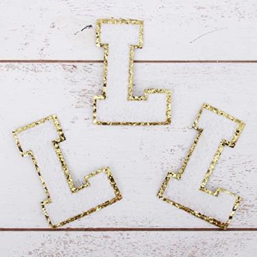 Imagem de Pacote com 3 adesivos de Chenille Iron On Glitter Varsity Letter 5 cm de altura "L" - Tecido de chenille branco com acabamento em glitter dourado - Costurar ou passar a ferro - 5 cm WHT G