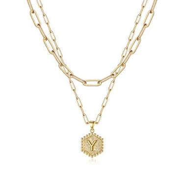Imagem de M MOOHAM Colares delicados com inicial para mulheres – Colar em camadas para mulheres, lindo colar de letra hexagonal com inicial e colar em camadas para presentes femininos, 18 IN, Latão