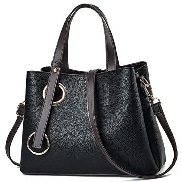 Imagem de Bolsa de mão grande com alça superior para mulheres bolsa de couro moda clássica bolsa transversal casual bolsa de ombro, Preto