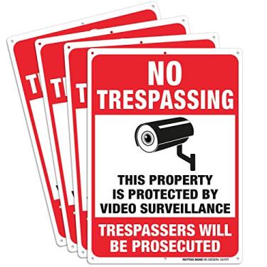 Imagem de (4 pacotes) Sinais de vigilância de vídeo, sem traspasses violadores serão processados sinal de aviso refletivo de metal, 25 x 17 centímetros 0,40 alumínio uso interno ou externo para câmera de segurança CCTV de negócios domésticos