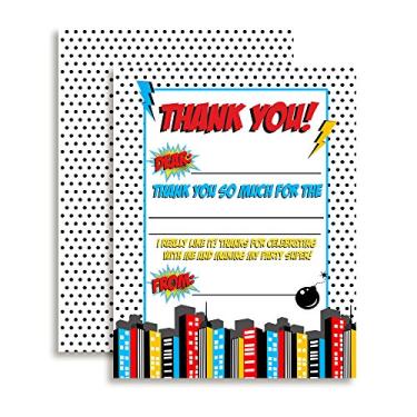 Imagem de Notas de agradecimento temáticas de super-heróis para meninos, dez cartões em branco de 10 x 14 cm com 10 envelopes brancos da AmandaCreation Birthday