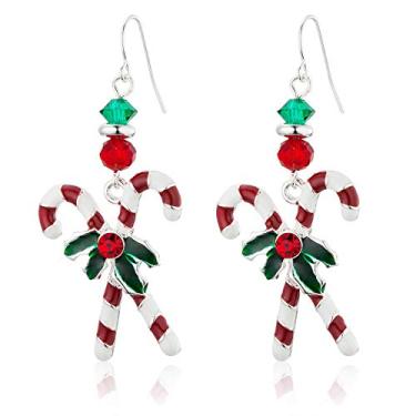 Imagem de Unijew Brincos femininos de muletas doces de Natal, brincos pendentes de decoração de celebração, muletas de óleo vermelho e branco com brincos delicados Ilex, presente de Natal para mulheres, Metal,