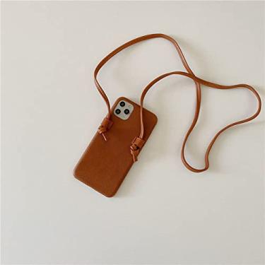 Imagem de Capa de telefone de couro de cordão crossbody para iphone 12 12pro max 11 11pro xr x xs max 7 8 plus se alça capa macia, marrom escuro, para iphone 12mini